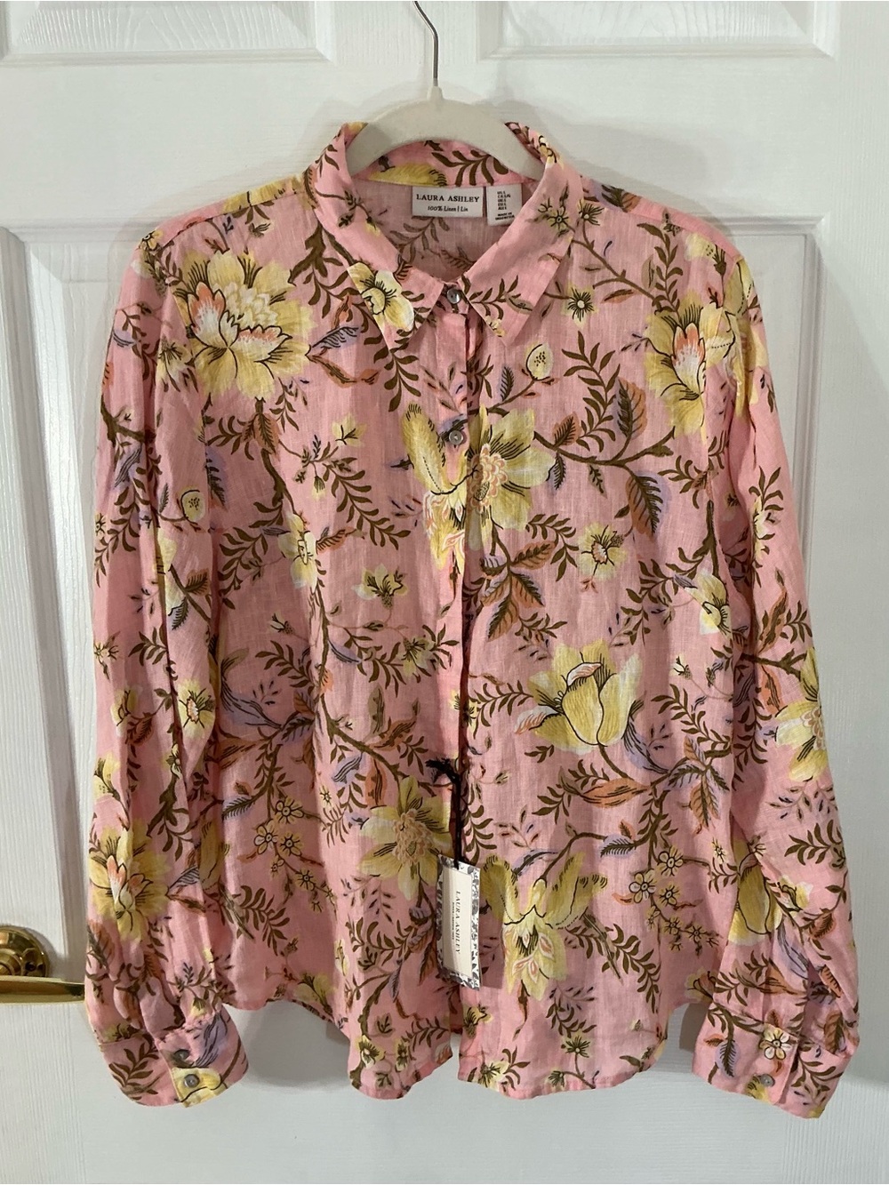 Laura Ashley 100% Linen Floral Button Down Shirt Pink Large NWT